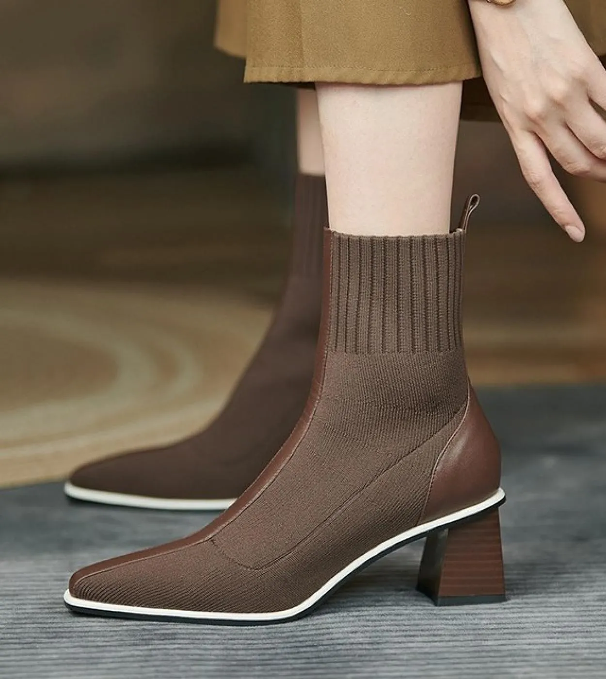 Stivaletti con calzino lavorato a maglia Stivaletti elasticizzati da donna Chunky Sauare Tacchi Scarpe da donna Stivaletti moda