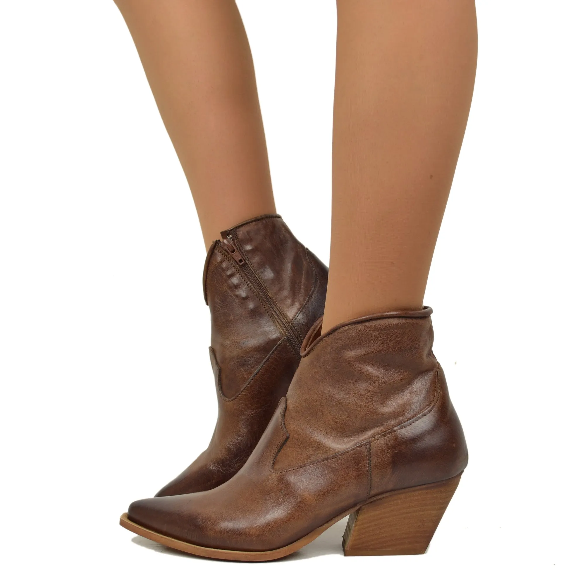 Stivaletti Texanini alla Caviglia Donna in Pelle Liscia Rag Cacao Made in Italy