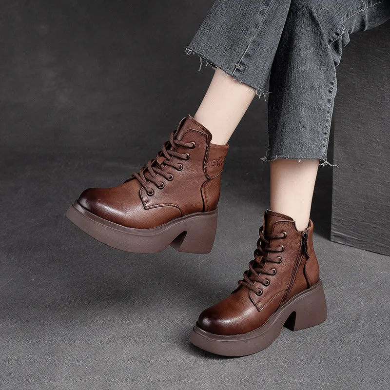 Stivali da donna con tacco grosso in pelle casual retrò