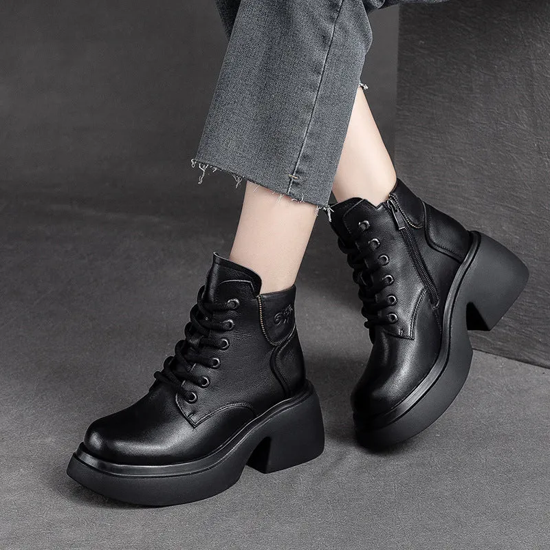 Stivali da donna con tacco grosso in pelle casual retrò