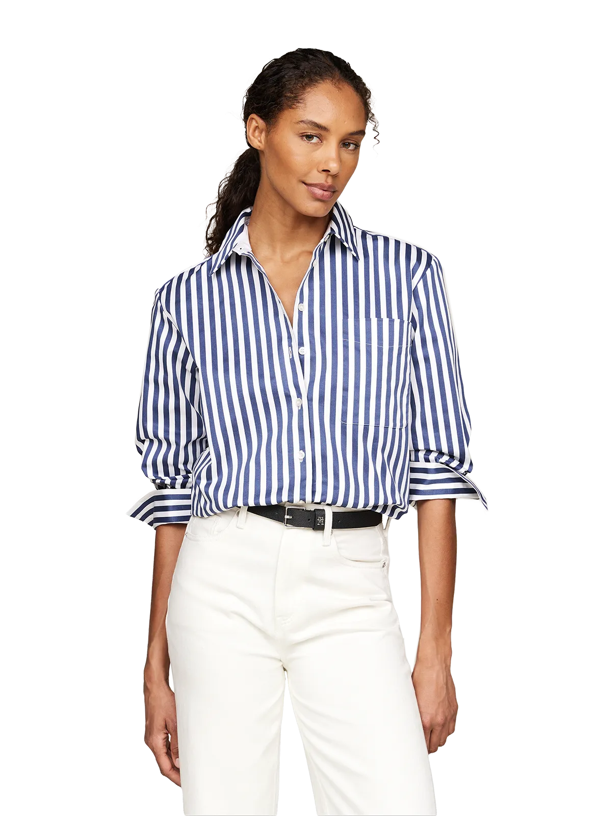  TOMMY HILFIGER   Camicia oversize a righe in misto cotone | Bianco