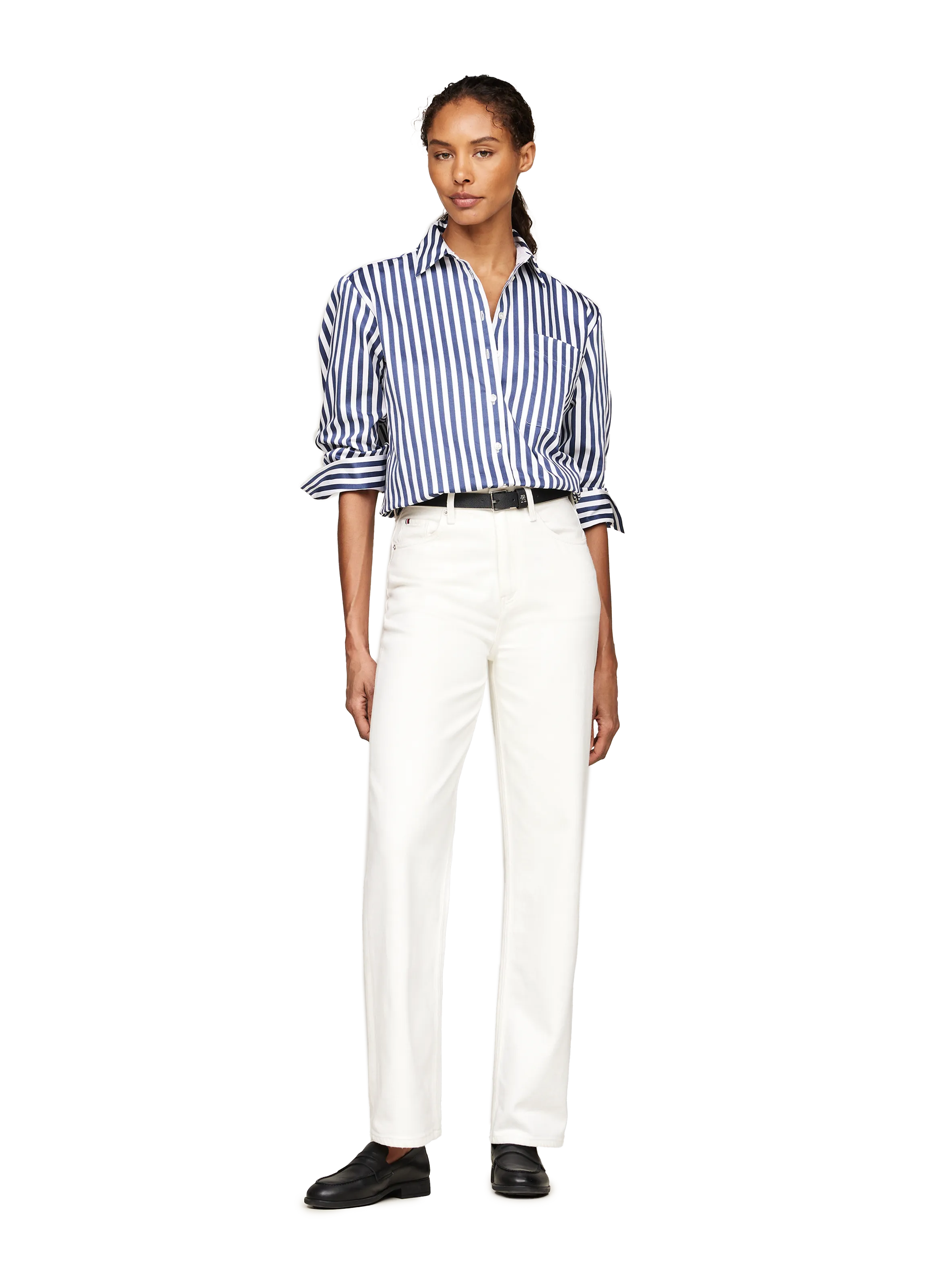  TOMMY HILFIGER   Camicia oversize a righe in misto cotone | Bianco