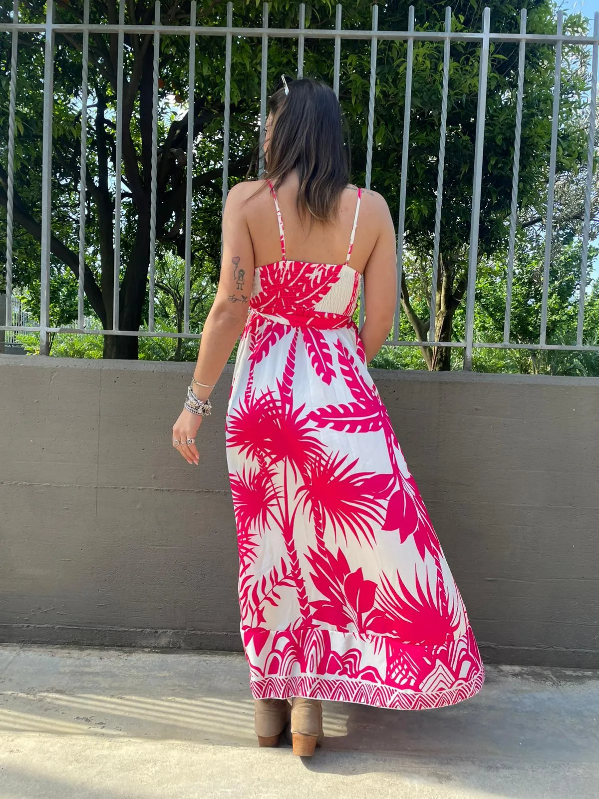 Vestito lungo fantasia palme con spacco