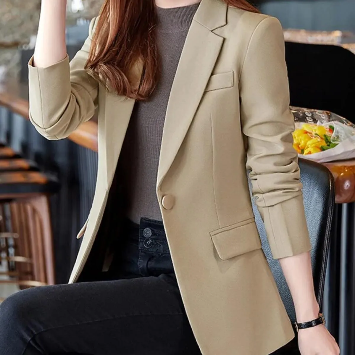 Xfpv Giacca da Cappotto con Temperamento a Maniche Lunghe Slim Monopetto da Donna con Bottone Singolo Moda Nuova Marea Autunno 2