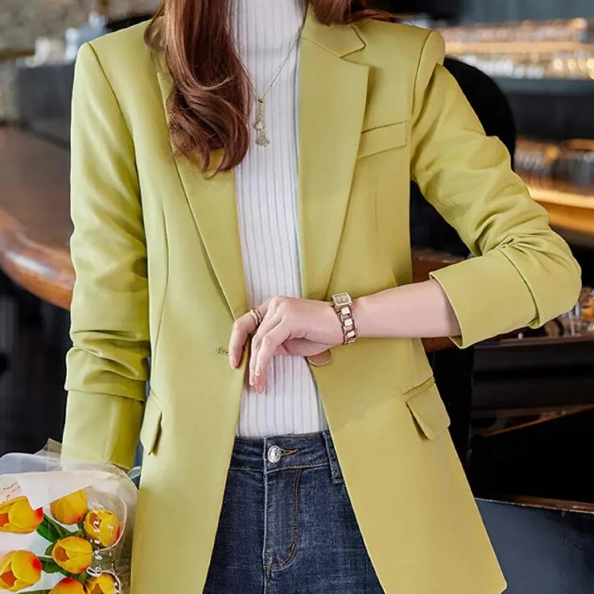 Xfpv Giacca da Cappotto con Temperamento a Maniche Lunghe Slim Monopetto da Donna con Bottone Singolo Moda Nuova Marea Autunno 2
